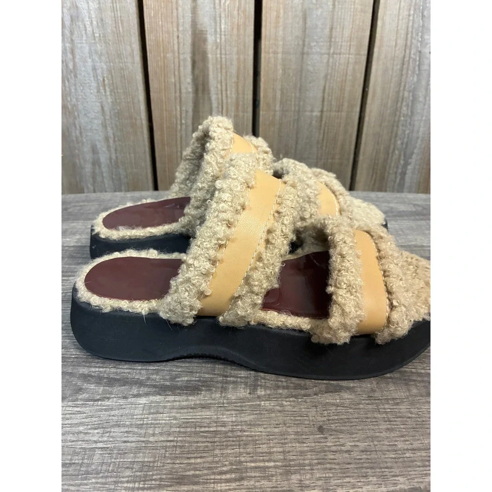 Staud Shearling Platform Slides Tan Cream Double Strap Sandals Size 39
